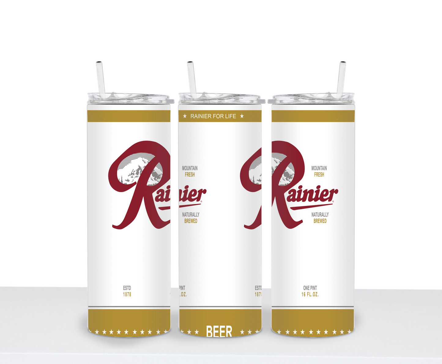 Rainer Beer PNW inspired 20 oz drinking Tumbler Seattle Beer for HOT and COLD drinks