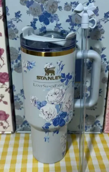 Love Shack Fancy 40 oz Tumbler with Handle BLUE – Floral Stainless Steel Quencher Cup | Coquette Aesthetic Gift Box | Jardin Lover Cup