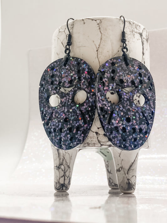 JASON MASK Halloween earrings BLACK resin glitter Voorhees Friday the 13th horror movie can personalize glitter color