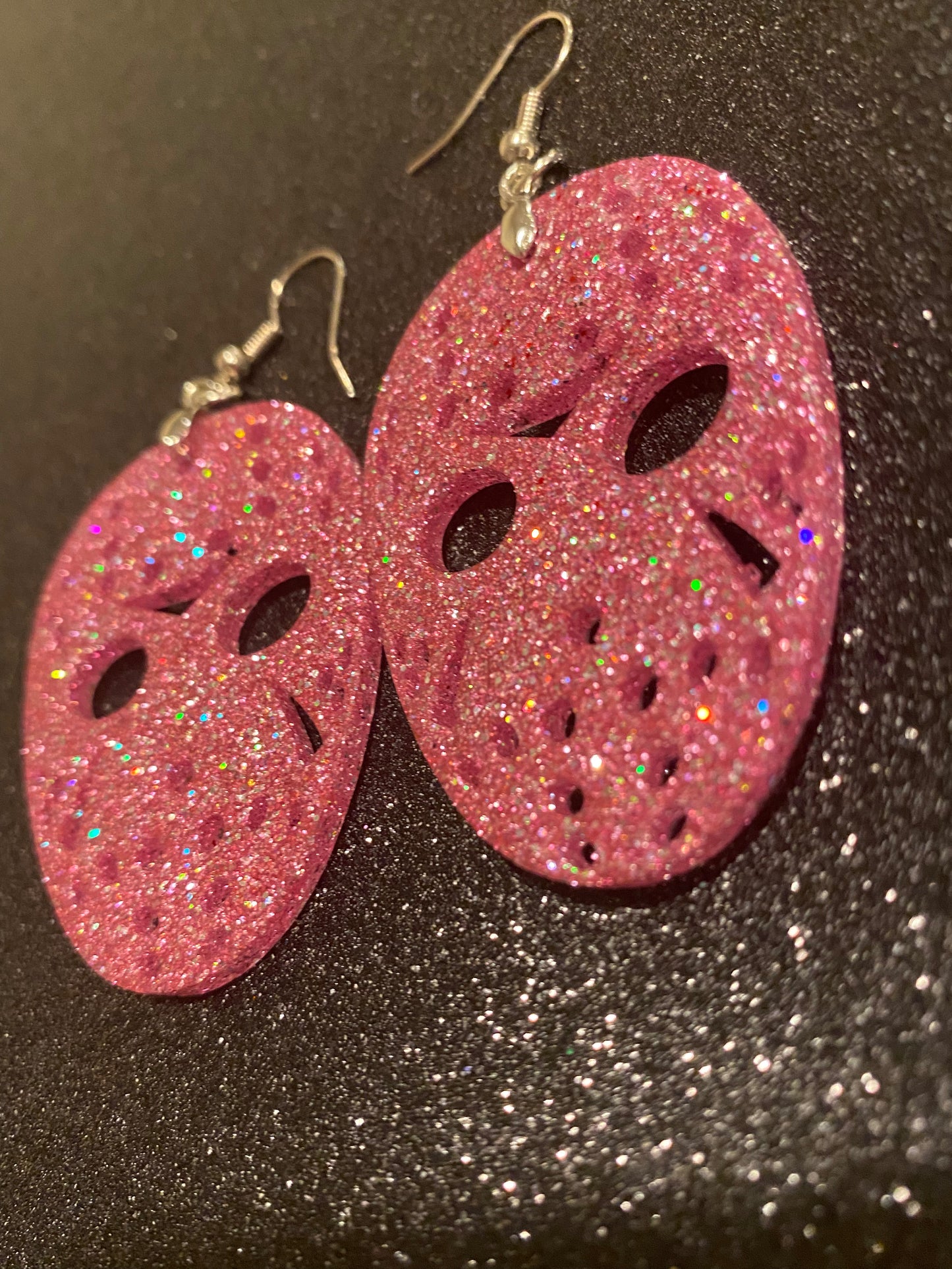 JASON MASK Halloween Earrings PINK Resin Glitter Voorhees Friday the 13th Movie