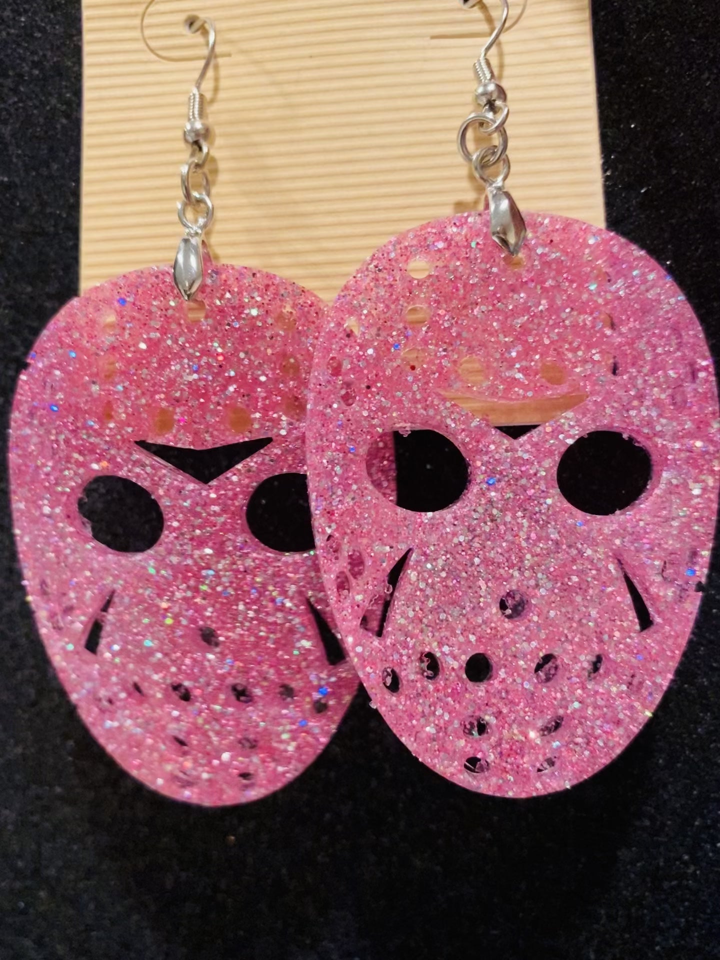 JASON MASK Halloween Earrings PINK Resin Glitter Voorhees Friday