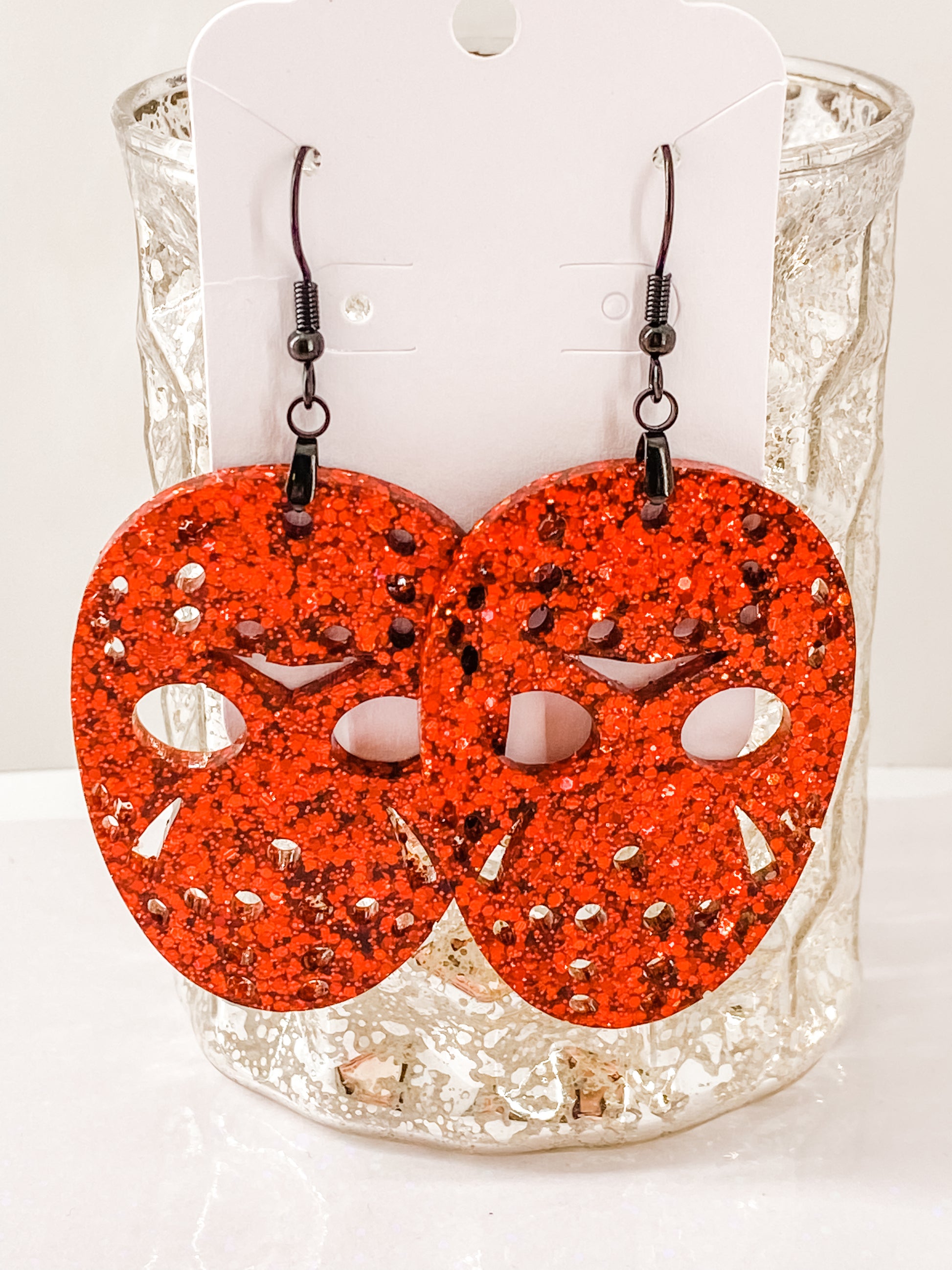 JASON MASK Halloween Earrings PINK Resin Glitter Voorhees Friday